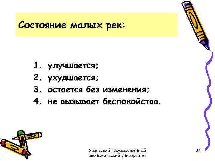 Состояние малых рек: 1. 2. 3. 4. улучшается; ухудшается; остается без изменения; не вызывает