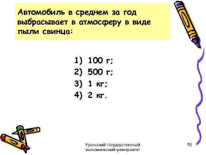Автомобиль в среднем за год выбрасывает в атмосферу в виде пыли свинца: 1) 2)
