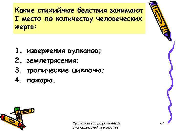 Какие стихийные бедствия занимают I место по количеству человеческих жертв: 1. 2. 3. 4.
