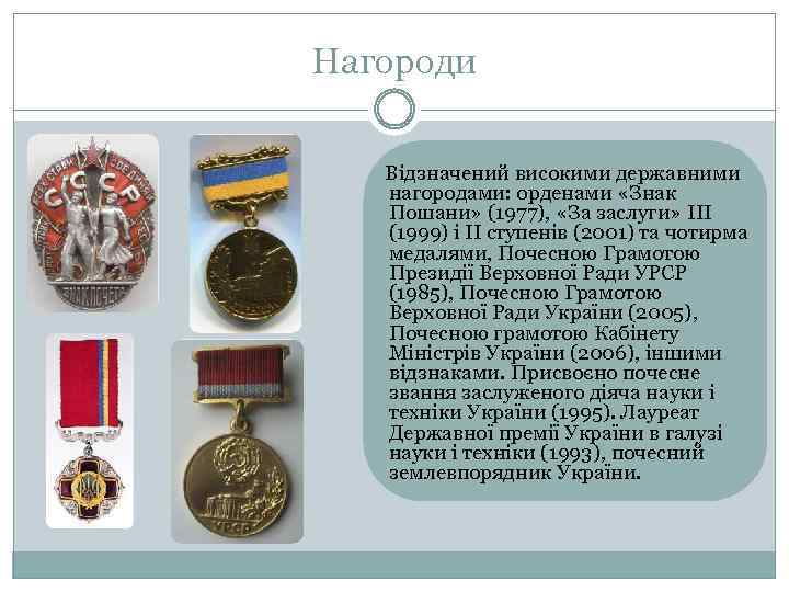 Нагороди Відзначений високими державними нагородами: орденами «Знак Пошани» (1977), «За заслуги» III (1999) і