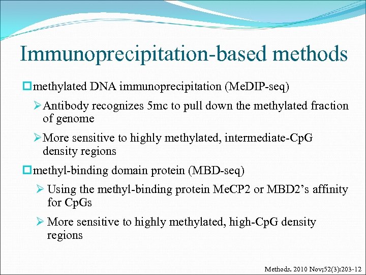 Immunoprecipitation-based methods p methylated DNA immunoprecipitation (Me. DIP-seq) ØAntibody recognizes 5 mc to pull