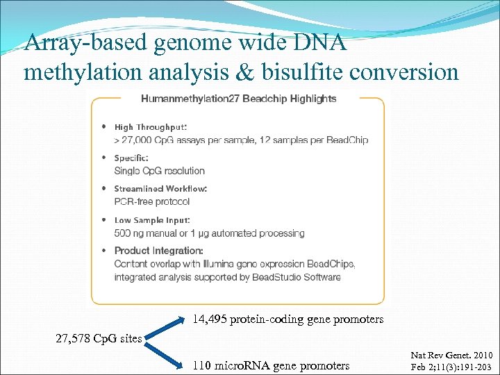 Array-based genome wide DNA methylation analysis & bisulfite conversion 14, 495 protein-coding gene promoters
