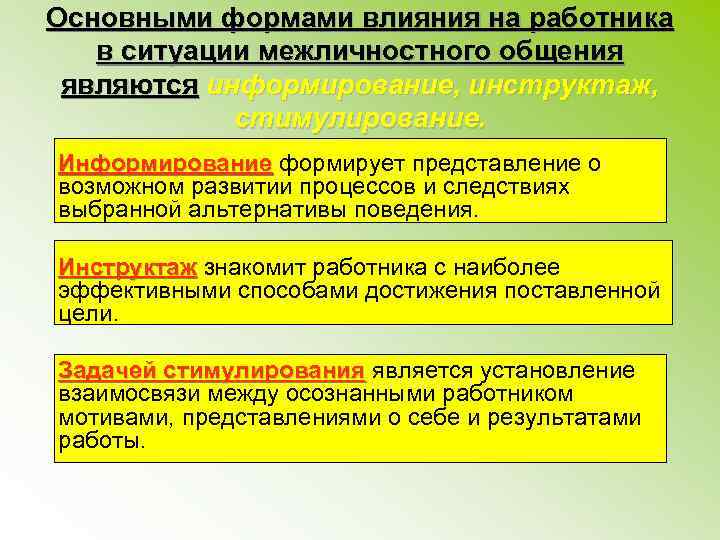 Основными формами влияния на работника в ситуации межличностного общения являются информирование, инструктаж, стимулирование. Информирование