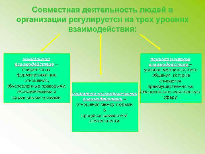 Совместная деятельность людей в организации регулируется на трех уровнях взаимодействия: социальное взаимодействие – опирается