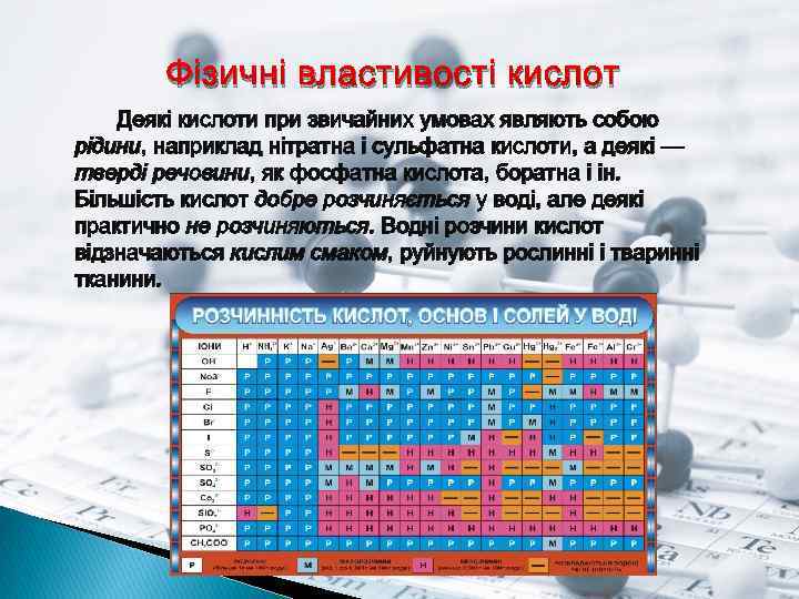 Фізичні властивості кислот Деякі кислоти при звичайних умовах являють собою рідини, наприклад нітратна і