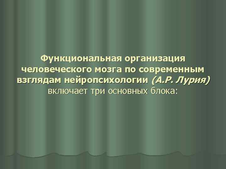 Функциональная организация человеческого мозга по современным взглядам нейропсихологии (А. Р. Лурия) включает три основных