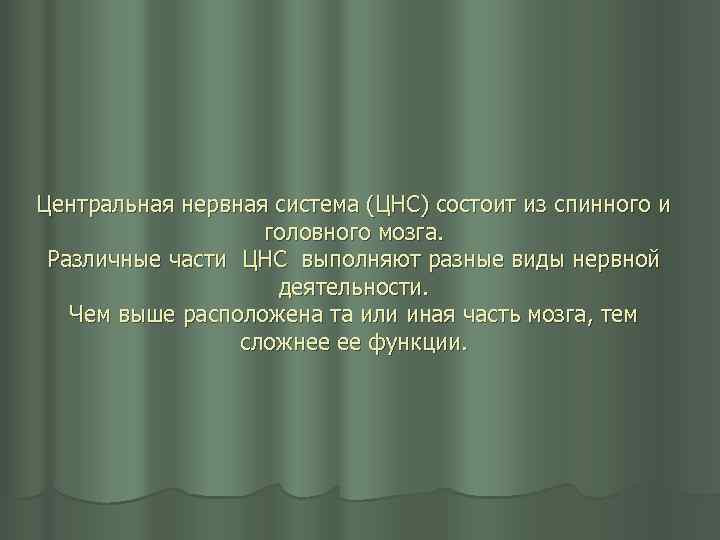 Центральная нервная система (ЦНС) состоит из спинного и головного мозга. Различные части ЦНС выполняют