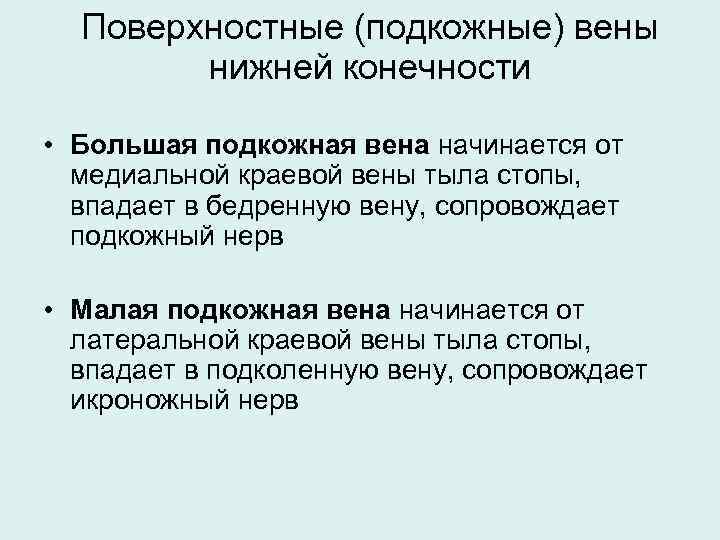 Поверхностные (подкожные) вены нижней конечности • Большая подкожная вена начинается от медиальной краевой вены