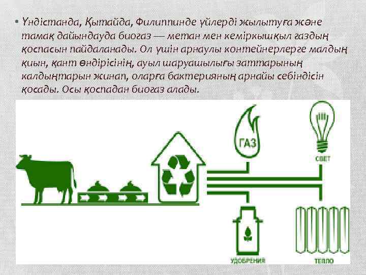  • Үндістанда, Қытайда, Филиппинде үйлерді жылытуға және тамақ дайындауда биогаз — метан мен