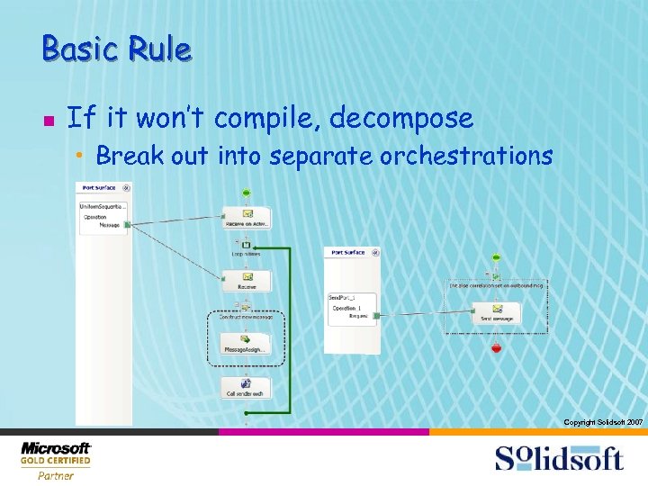 Basic Rule n If it won’t compile, decompose • Break out into separate orchestrations