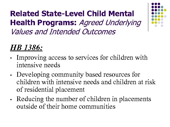 Related State-Level Child Mental Health Programs: Agreed Underlying Values and Intended Outcomes HB 1386: