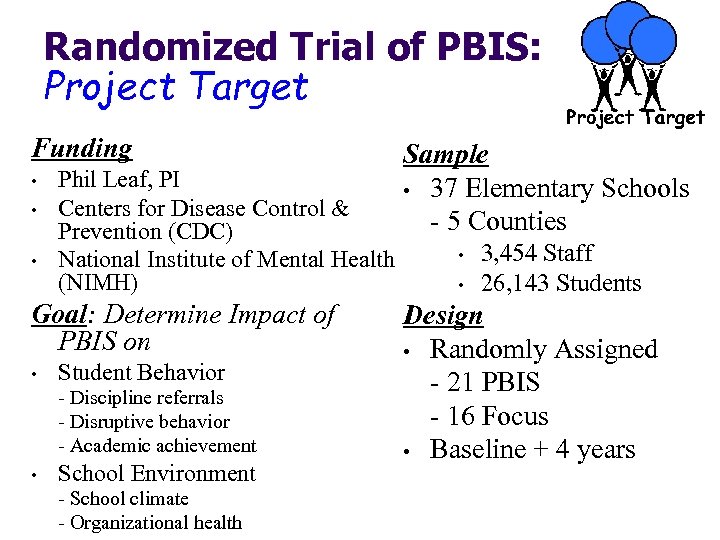 Randomized Trial of PBIS: Project Target Funding • • • Phil Leaf, PI Centers