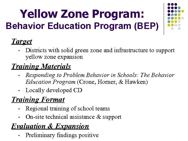 Yellow Zone Program: Behavior Education Program (BEP) Target • Districts with solid green zone