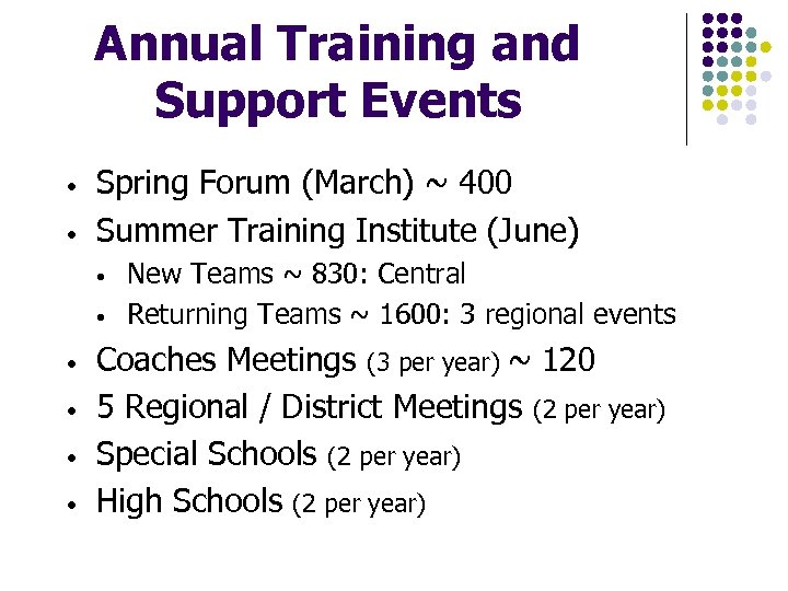 Annual Training and Support Events • • Spring Forum (March) ~ 400 Summer Training