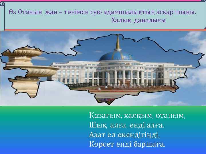 Өз Отанын жан – тәнімен сүю адамшылықтың асқар шыңы. Халық даналығы Қазағым, халқым, отаным,
