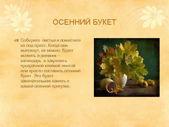 ОСЕННИЙ БУКЕТ Соберите листья и поместите их под пресс. Когда они высохнут, их можно
