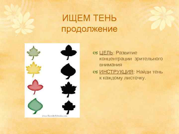ИЩЕМ ТЕНЬ продолжение ЦЕЛЬ: Развитие концентрации зрительного внимания ИНСТРУКЦИЯ: Найди тень к каждому листочку.