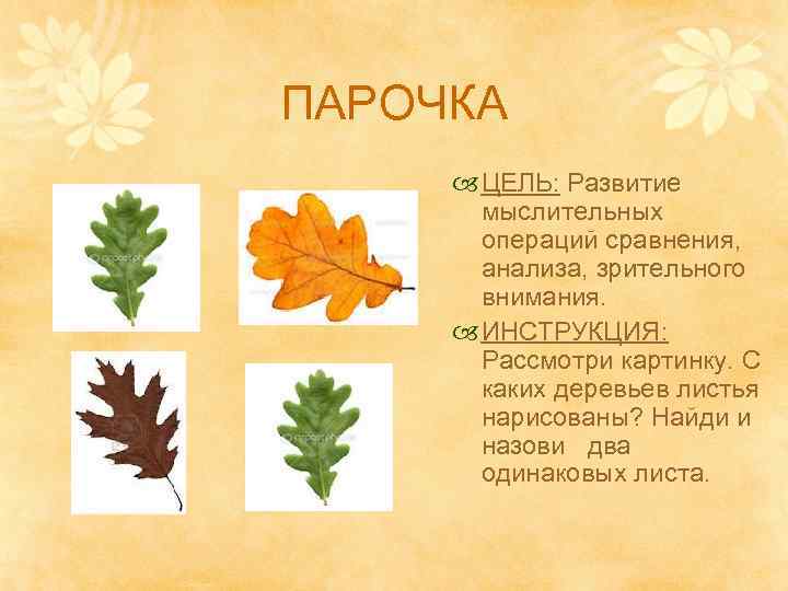 ПАРОЧКА ЦЕЛЬ: Развитие мыслительных операций сравнения, анализа, зрительного внимания. ИНСТРУКЦИЯ: Рассмотри картинку. С каких