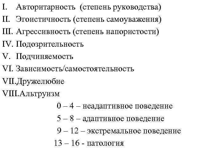 I. Авторитарность (степень руководства) II. Эгоистичность (степень самоуважения) III. Агрессивность (степень напористости) IV. Подозрительность