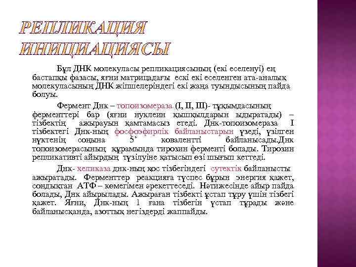 Бұл ДНК молекуласы репликациясының (екі еселенуі) ең бастапқы фазасы, яғни матрицадағы ескі еселенген ата-аналық