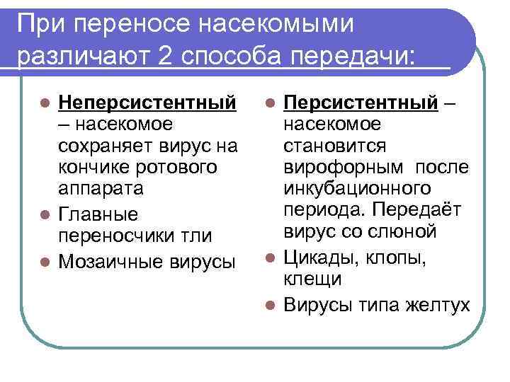 При переносе насекомыми различают 2 способа передачи: Неперсистентный – насекомое сохраняет вирус на кончике