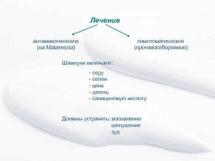 Лечение антимикотическое (на Malassezia) симптоматическое (противосеборейное) Шампуни включают: - серу - селен - цинк