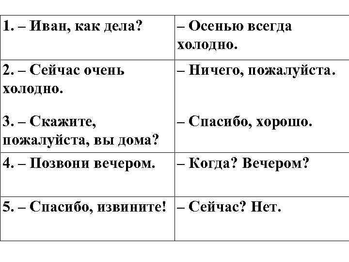 1. – Иван, как дела? – Осенью всегда холодно. 2. – Сейчас очень холодно.