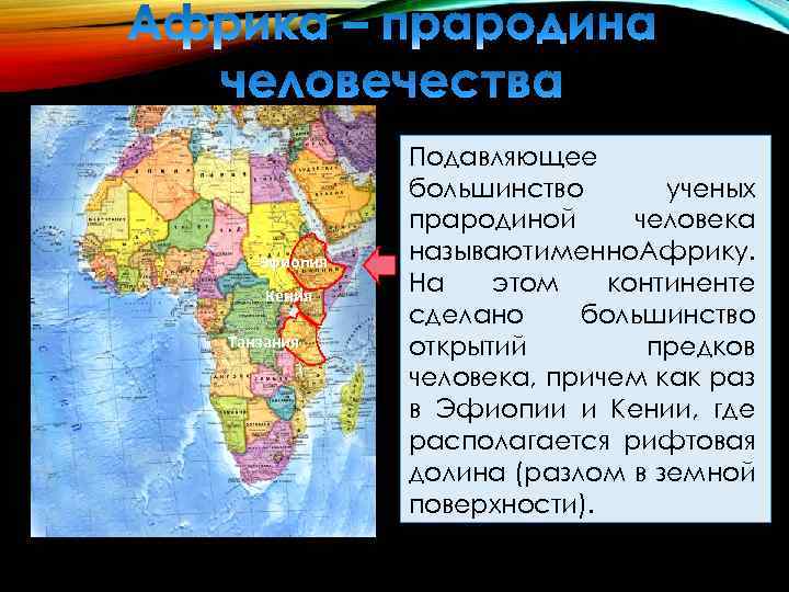 Эфиопия Кения Танзания Подавляющее большинство ученых прародиной человека называютименно. Африку. На этом континенте сделано