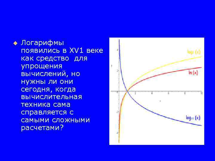 u Логарифмы появились в ХV 1 веке как средство для упрощения вычислений, но нужны