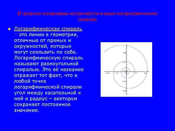 В природе логарифмы встречаются в виде логарифмической спирали u Логарифмическая спираль – это линии