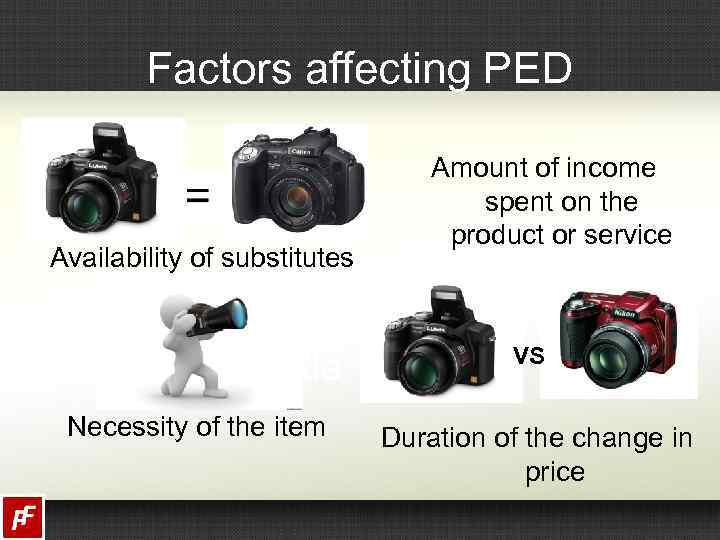 Factors affecting PED Availability of substitutes Amount of income spent on the product or