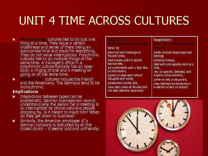 UNIT 4 TIME ACROSS CULTURES Monochronic cultures like to do just one thing at
