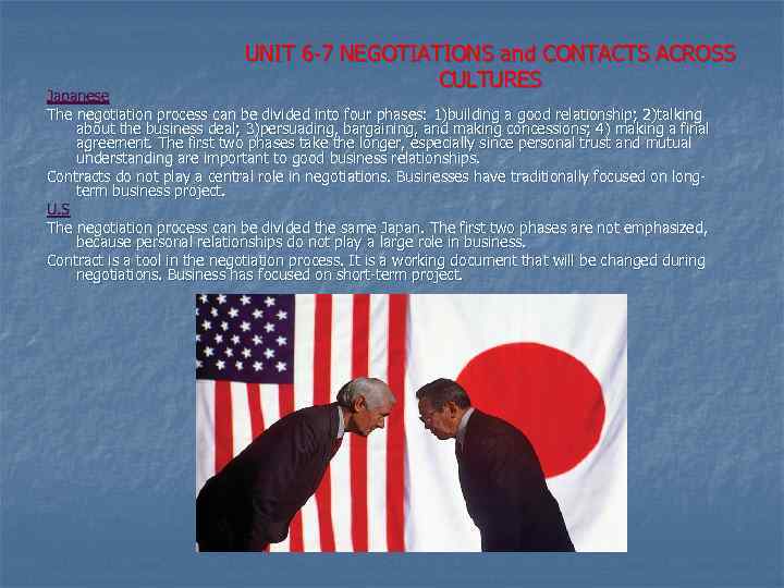 UNIT 6 -7 NEGOTIATIONS and CONTACTS ACROSS CULTURES Japanese The negotiation process can be