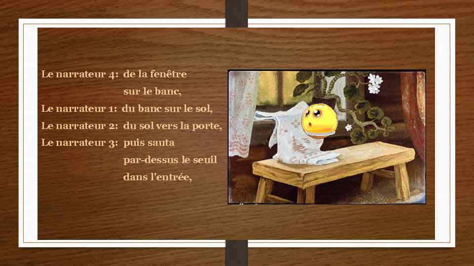 Le narrateur 4: de la fenêtre sur le banc, Le narrateur 1: du banc