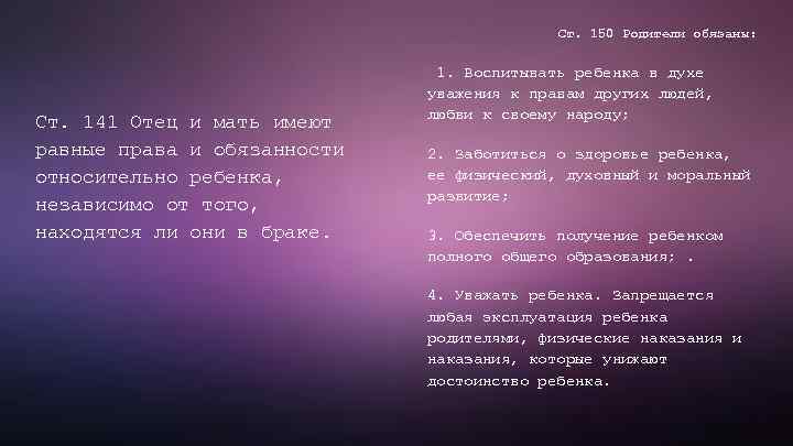 Ст. 150 Родители обязаны: Ст. 141 Отец и мать имеют равные права и обязанности