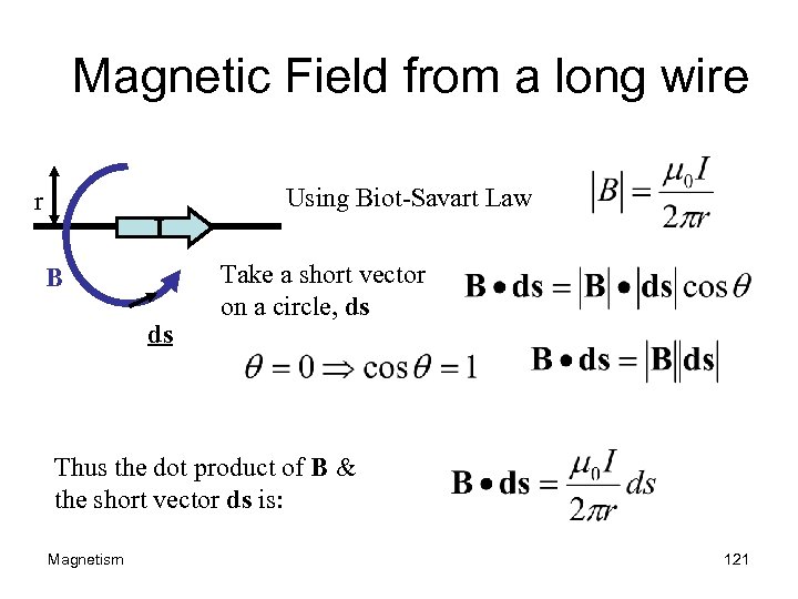 Magnetic Field from a long wire Using Biot-Savart Law r I B ds Take