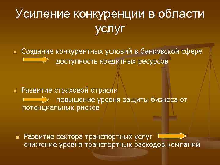 Усиление конкуренции в области услуг n n n Создание конкурентных условий в банковской сфере