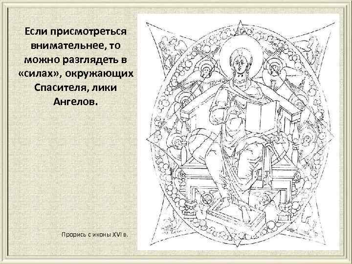 Если присмотреться внимательнее, то можно разглядеть в «силах» , окружающих Спасителя, лики Ангелов. Прорись