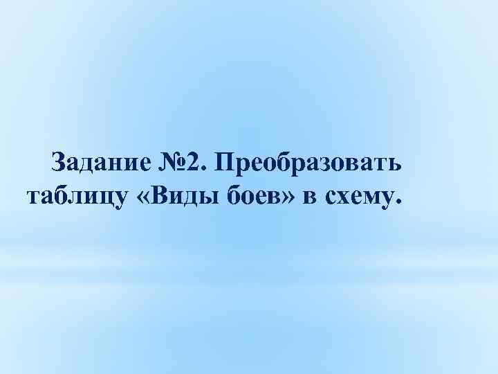 Задание № 2. Преобразовать таблицу «Виды боев» в схему. 