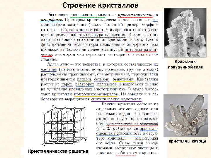 Строение кристаллов Кристаллы поваренной соли кристаллы кварца Кристаллическая решетка 
