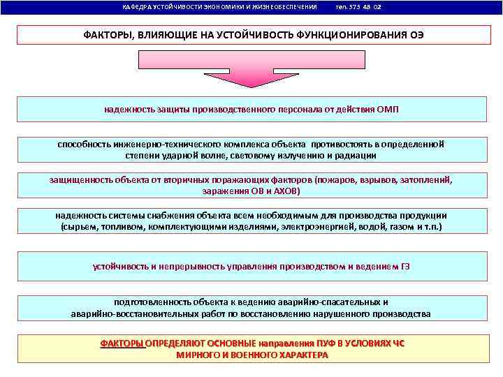 КАФЕДРА УСТОЙЧИВОСТИ ЭКОНОМИКИ И ЖИЗНЕОБЕСПЕЧЕНИЯ тел. 575 48 02 ФАКТОРЫ, ВЛИЯЮЩИЕ НА УСТОЙЧИВОСТЬ ФУНКЦИОНИРОВАНИЯ