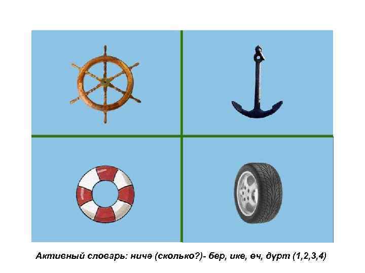 Активный словарь: ничә (сколько? )- бер, ике, ѳч, дүрт (1, 2, 3, 4) 