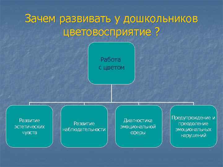 Зачем развивать у дошкольников цветовосприятие ? Работа с цветом Развитие эстетических чувств Развитие наблюдательности