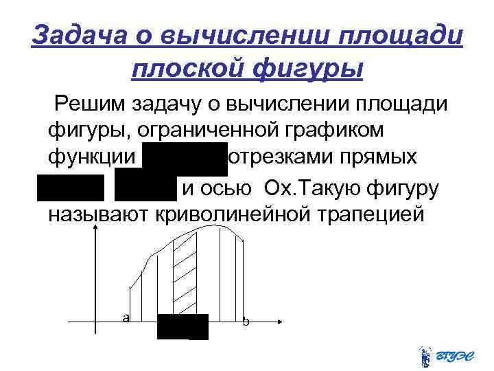 Задача о вычислении площади плоской фигуры Решим задачу о вычислении площади фигуры, ограниченной графиком