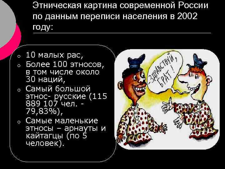 Этническая картина современной России по данным переписи населения в 2002 году: o o 10