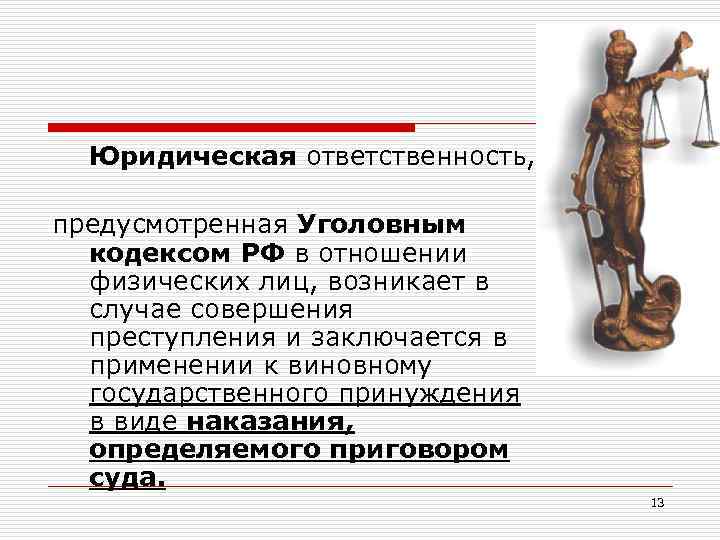 Юридическая ответственность, предусмотренная Уголовным кодексом РФ в отношении физических лиц, возникает в случае совершения