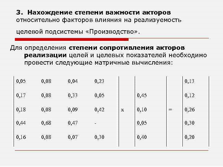 3. Нахождение степени важности акторов относительно факторов влияния на реализуемость целевой подсистемы «Производство» .