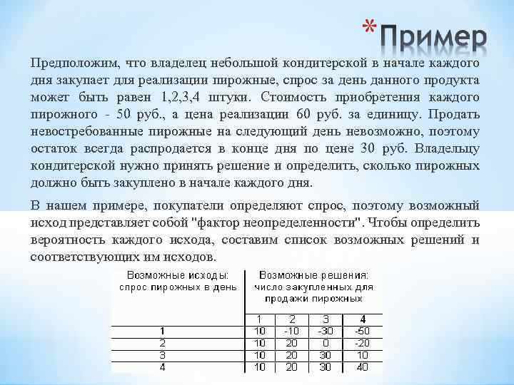 Предположим, что владелец небольшой кондитерской в начале каждого дня закупает для реализации пирожные, спрос
