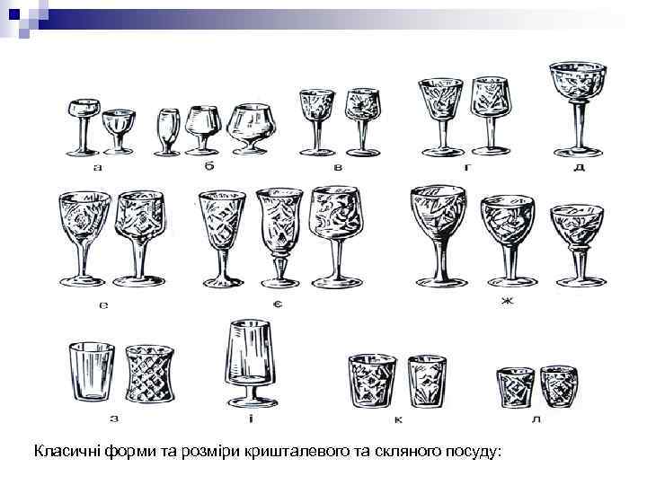 Класичні форми та розміри кришталевого та скляного посуду: 