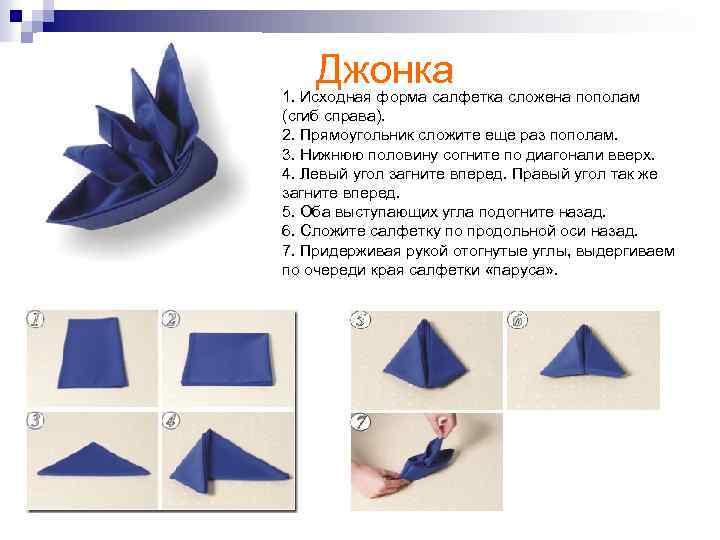 Джонка 1. Исходная форма салфетка сложена пополам (сгиб справа). 2. Прямоугольник сложите еще раз